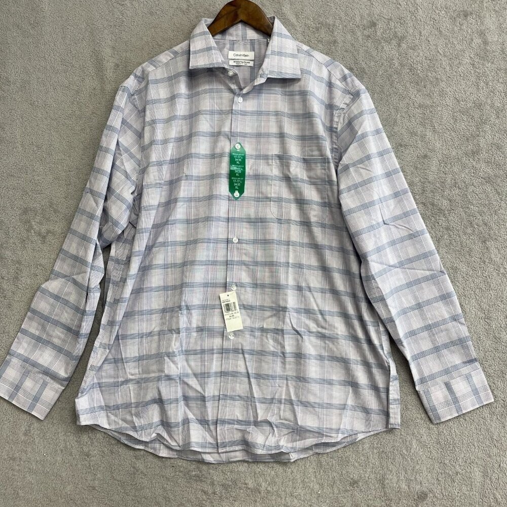 NEW Calvin Klein Men's XL 17-17.5 Button down Dress Shirt Regular Fit Plaid
